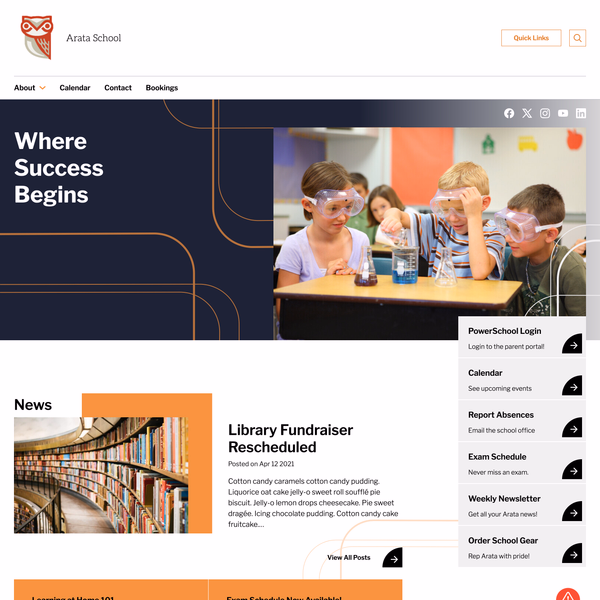 screenshot of the Arata School Theme website