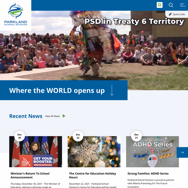 screenshot of the Parkland School Division website